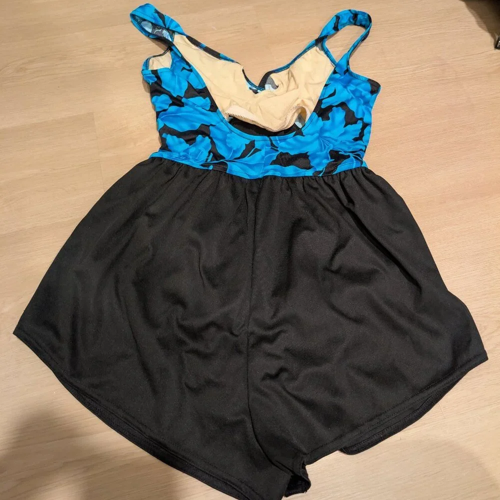 14 Vintage Pacific Connections One Piece Romper Floral Blue Black soft bra Swim